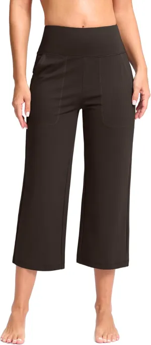 Women's Capri Pants with Pockets High Waist Yoga Pants Wide Leg Workout Crop Summer Pants for Casual, Travel, Exercise