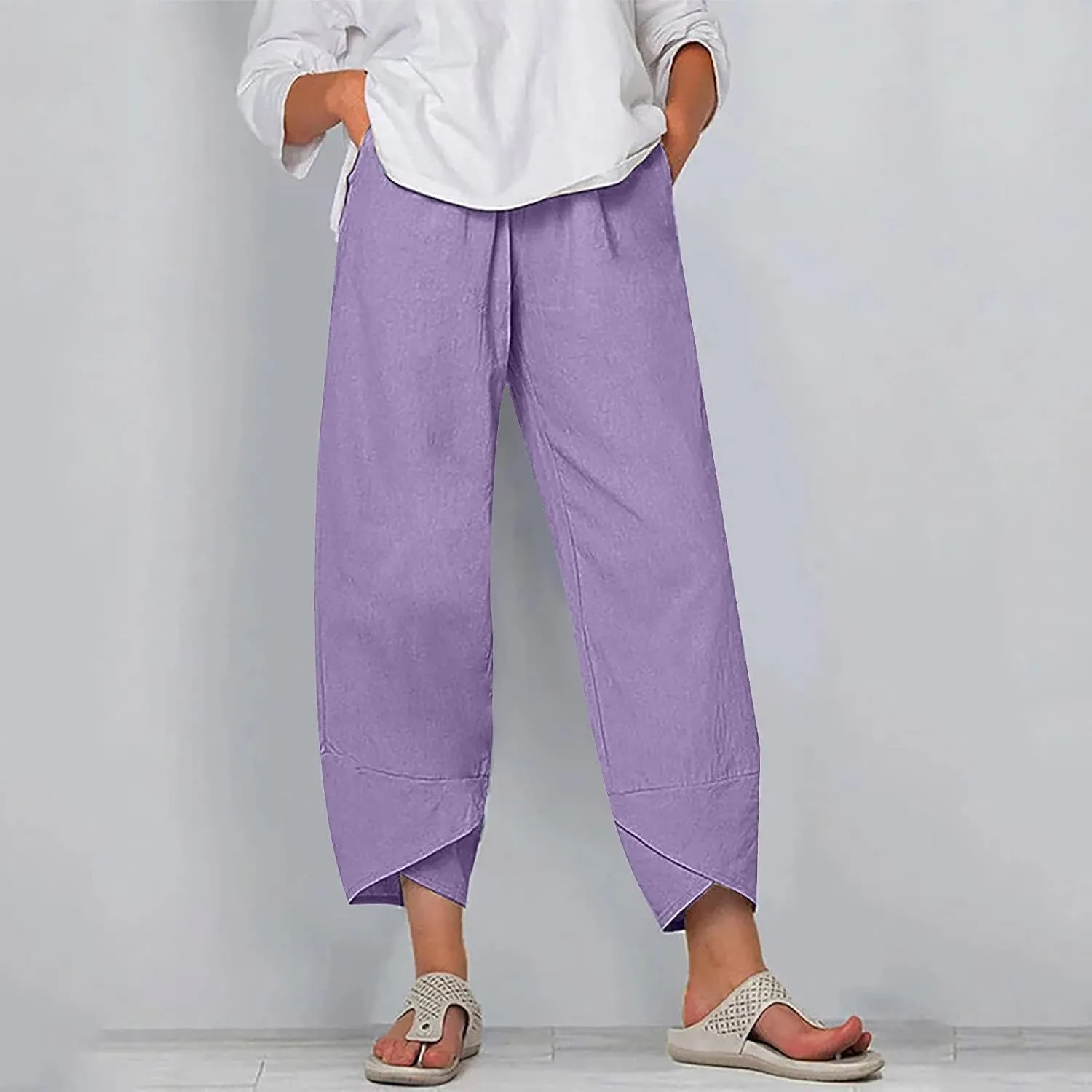 Womens Capris Pants Cotton Linen Boho Printed Cropped Baggy Trousers Summer Pallazzo Lounge Pants with Pockets