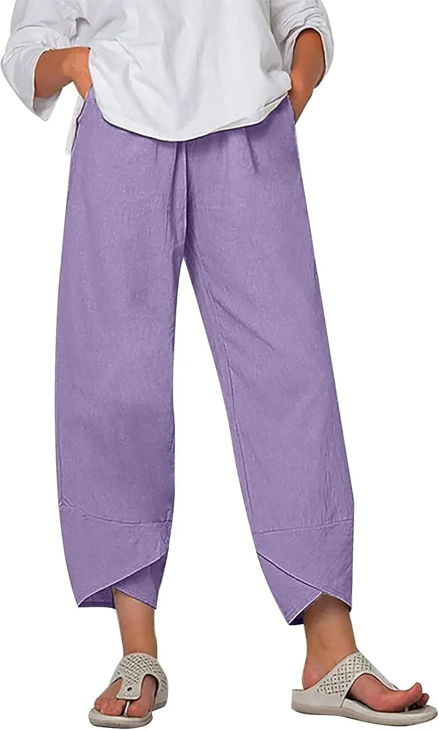 Womens Capris Pants Cotton Linen Boho Printed Cropped Baggy Trousers Summer Pallazzo Lounge Pants with Pockets