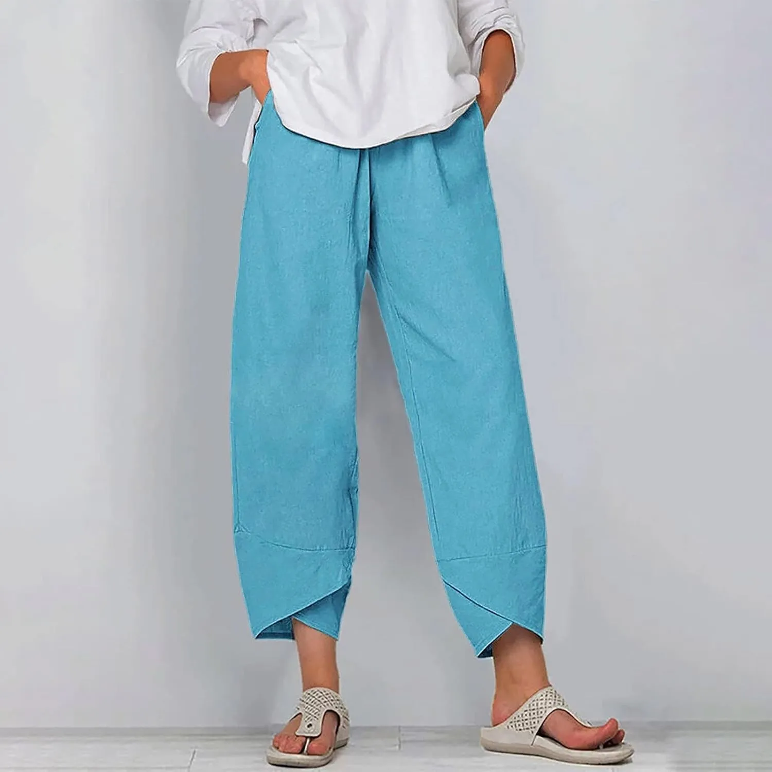 Womens Capris Pants Cotton Linen Boho Printed Cropped Baggy Trousers Summer Pallazzo Lounge Pants with Pockets