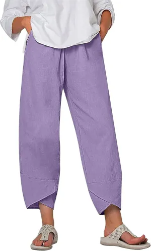 Womens Capris Pants Cotton Linen Boho Printed Cropped Baggy Trousers Summer Pallazzo Lounge Pants with Pockets
