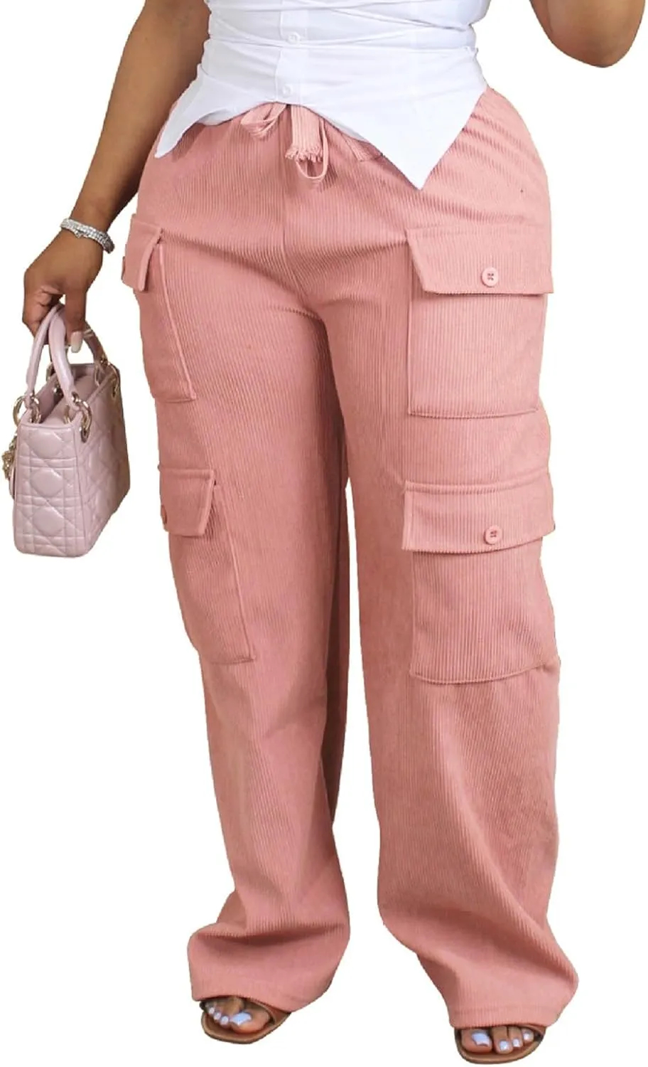 Women's Casual Corduroy Pants 2024 Wide Leg High Waisted Baggy Cargo with Pockets Streetwear Trouser