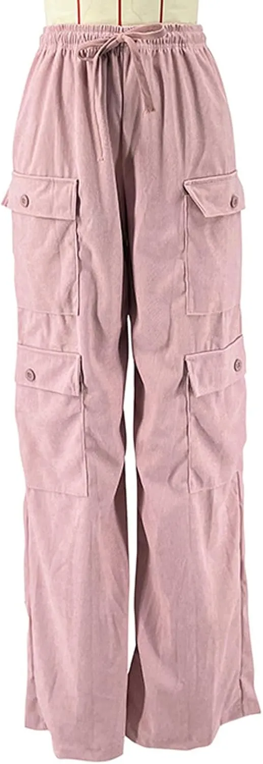 Women's Casual Corduroy Pants 2024 Wide Leg High Waisted Baggy Cargo with Pockets Streetwear Trouser