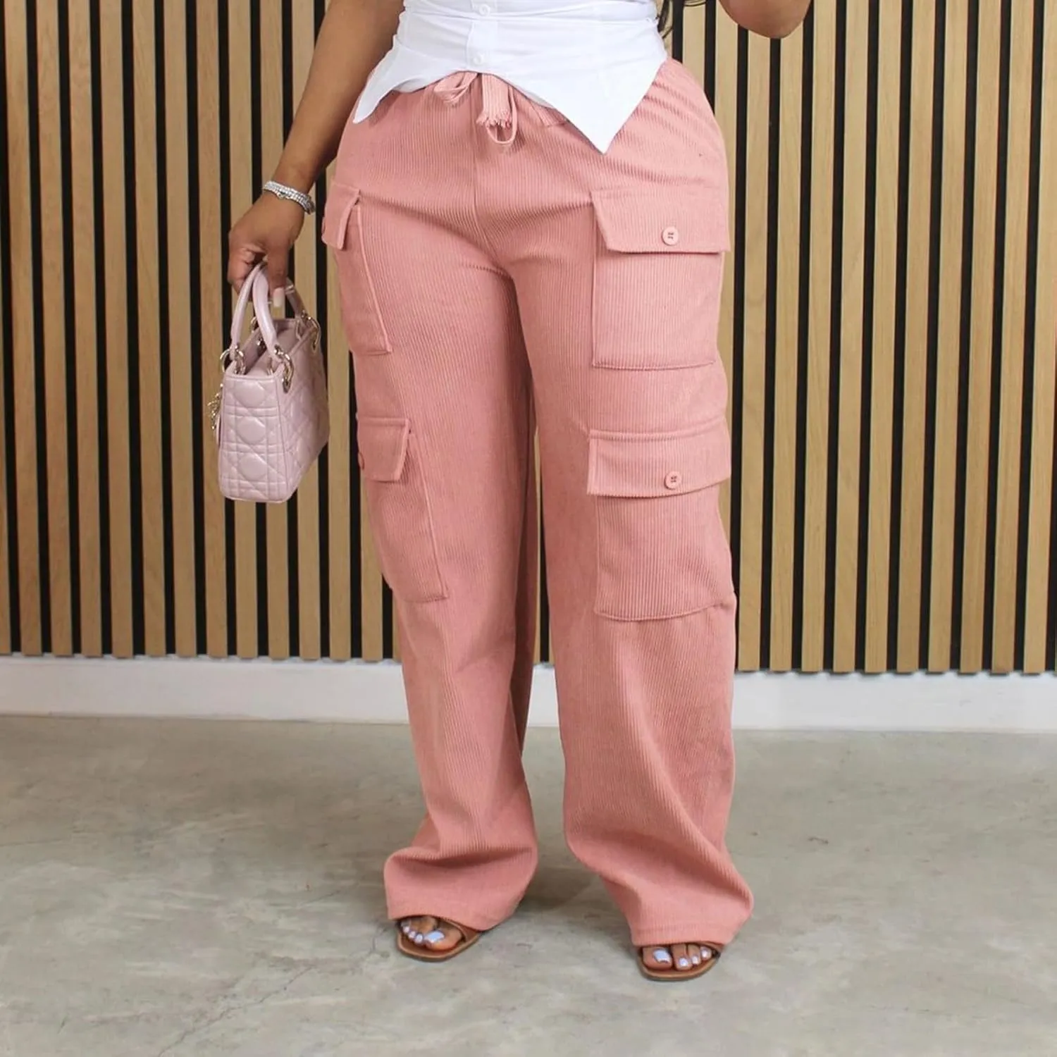 Women's Casual Corduroy Pants 2024 Wide Leg High Waisted Baggy Cargo with Pockets Streetwear Trouser