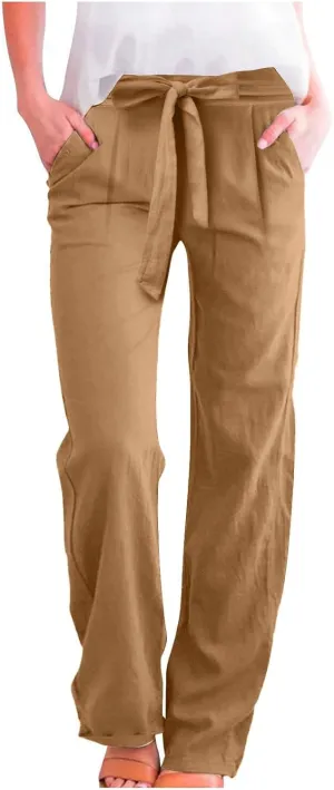 Women's Casual Cotton Linen Pants Elastic Waist Loose Fit Straight Jogger Pants Drawstring Solid Trousers with Pockets