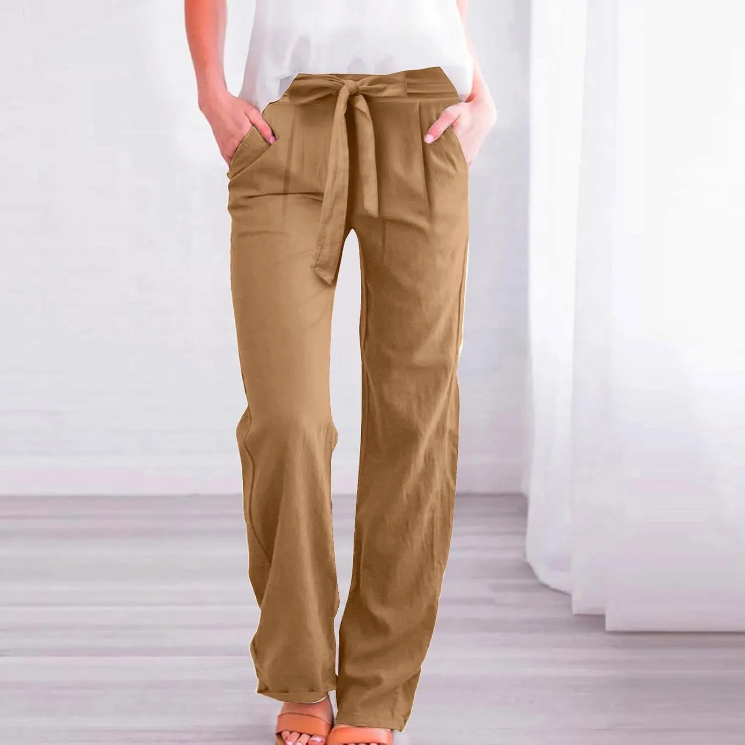 Women's Casual Cotton Linen Pants Elastic Waist Loose Fit Straight Jogger Pants Drawstring Solid Trousers with Pockets