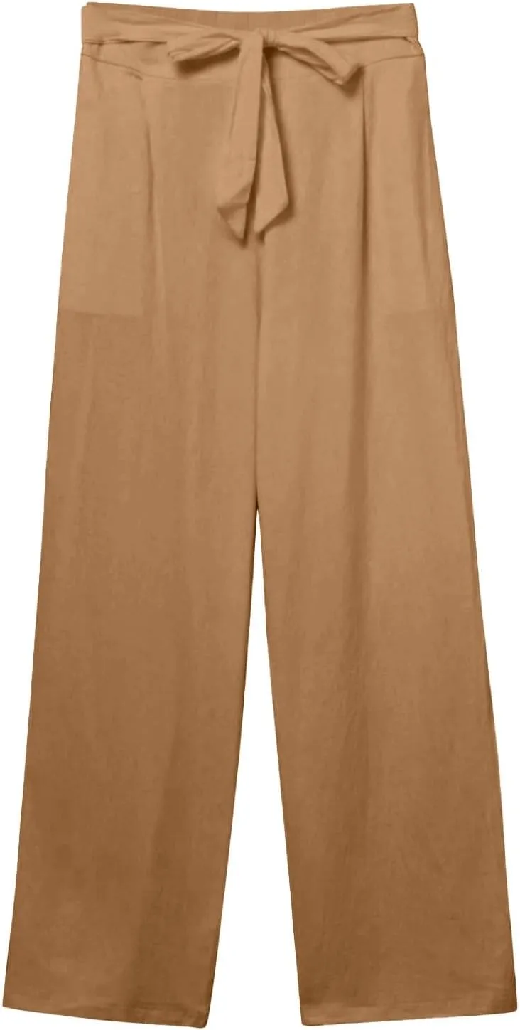 Women's Casual Cotton Linen Pants Elastic Waist Loose Fit Straight Jogger Pants Drawstring Solid Trousers with Pockets