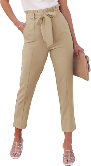 Womens Casual High Waisted Paper Bag Pants Self Tie Pants Trousers with Pockets