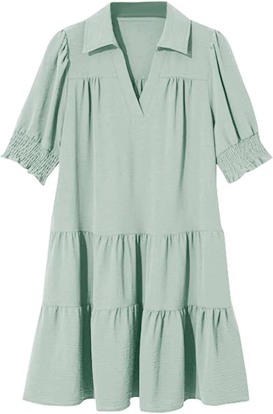 Women's Casual Lapel V-Neck Ruffle Sleeve Pleated Dress Collared Swing Mini Dresses Tiered A Line Dress Trendy