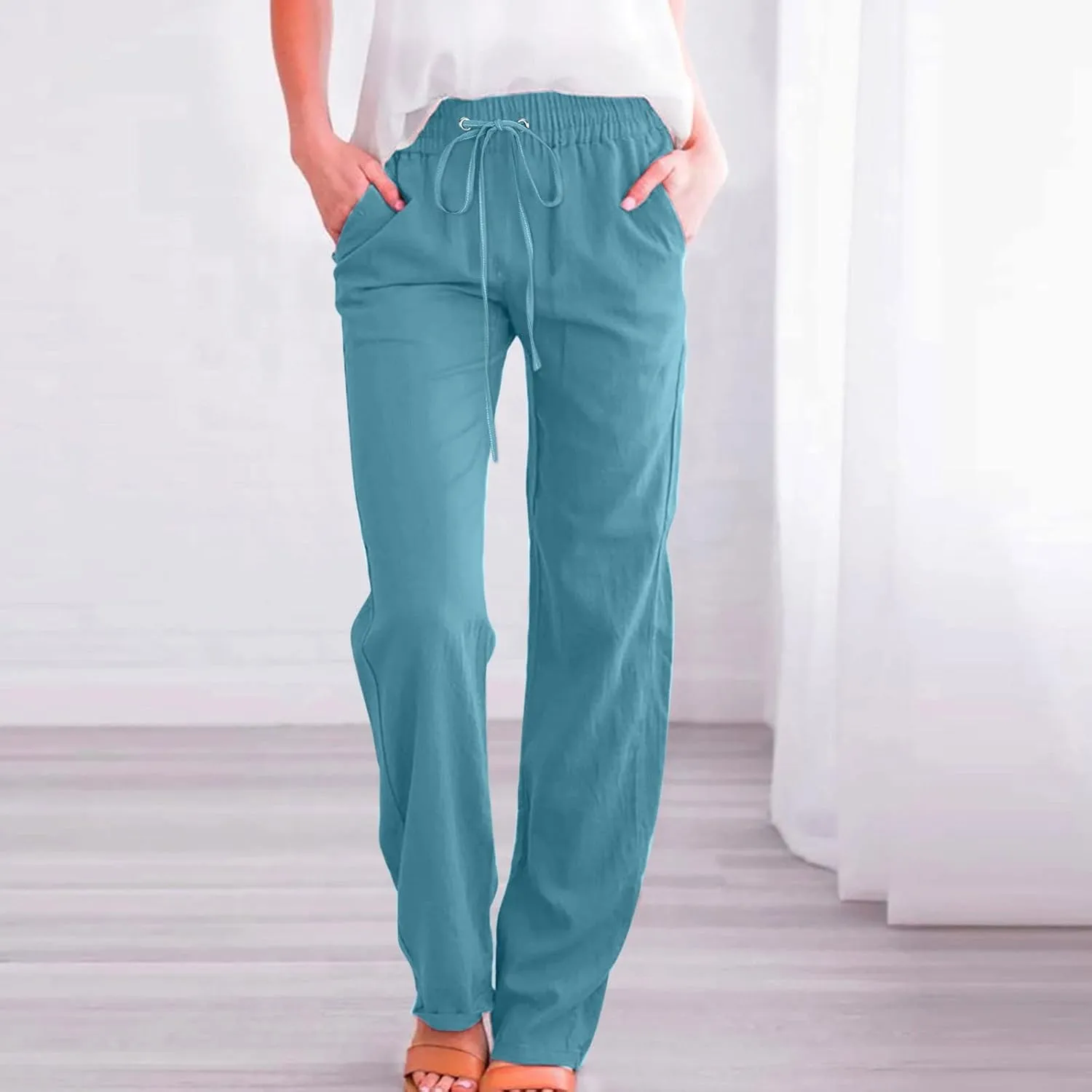 Womens Casual Linen Pants Summer Outfits Boho Drawstring Elastic Waist Trousers Lounge Vacation Clothing