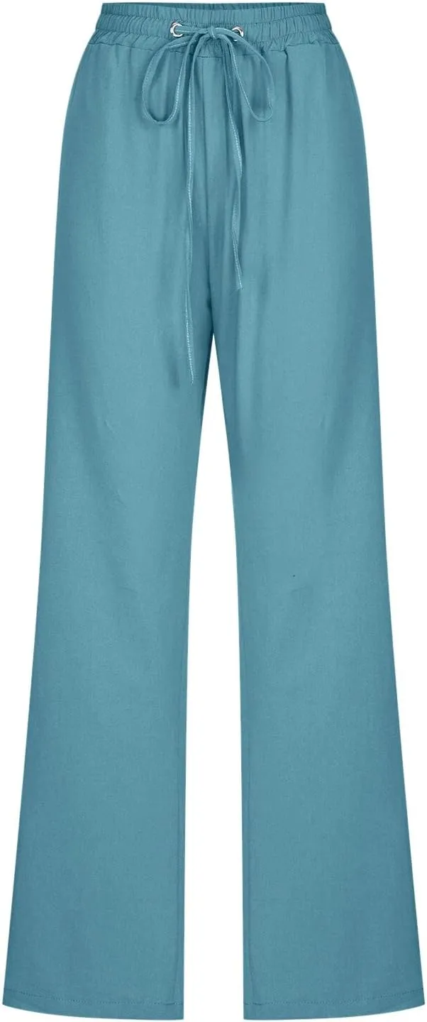 Womens Casual Linen Pants Summer Outfits Boho Drawstring Elastic Waist Trousers Lounge Vacation Clothing