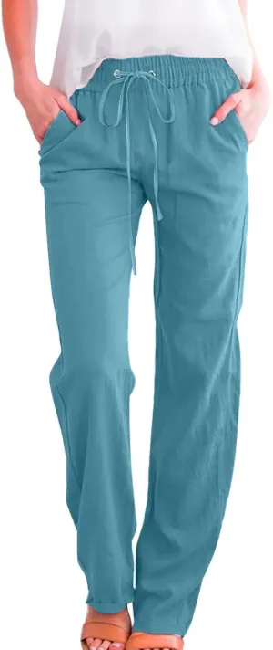 Womens Casual Linen Pants Summer Outfits Boho Drawstring Elastic Waist Trousers Lounge Vacation Clothing