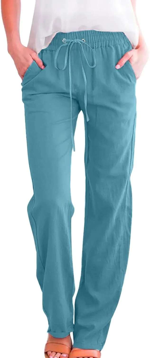 Womens Casual Linen Pants Summer Outfits Boho Drawstring Elastic Waist Trousers Lounge Vacation Clothing