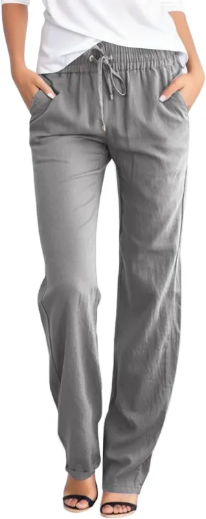 Womens Casual Linen Pants Summer Outfits Boho Drawstring Elastic Waist Trousers Lounge Vacation Clothing