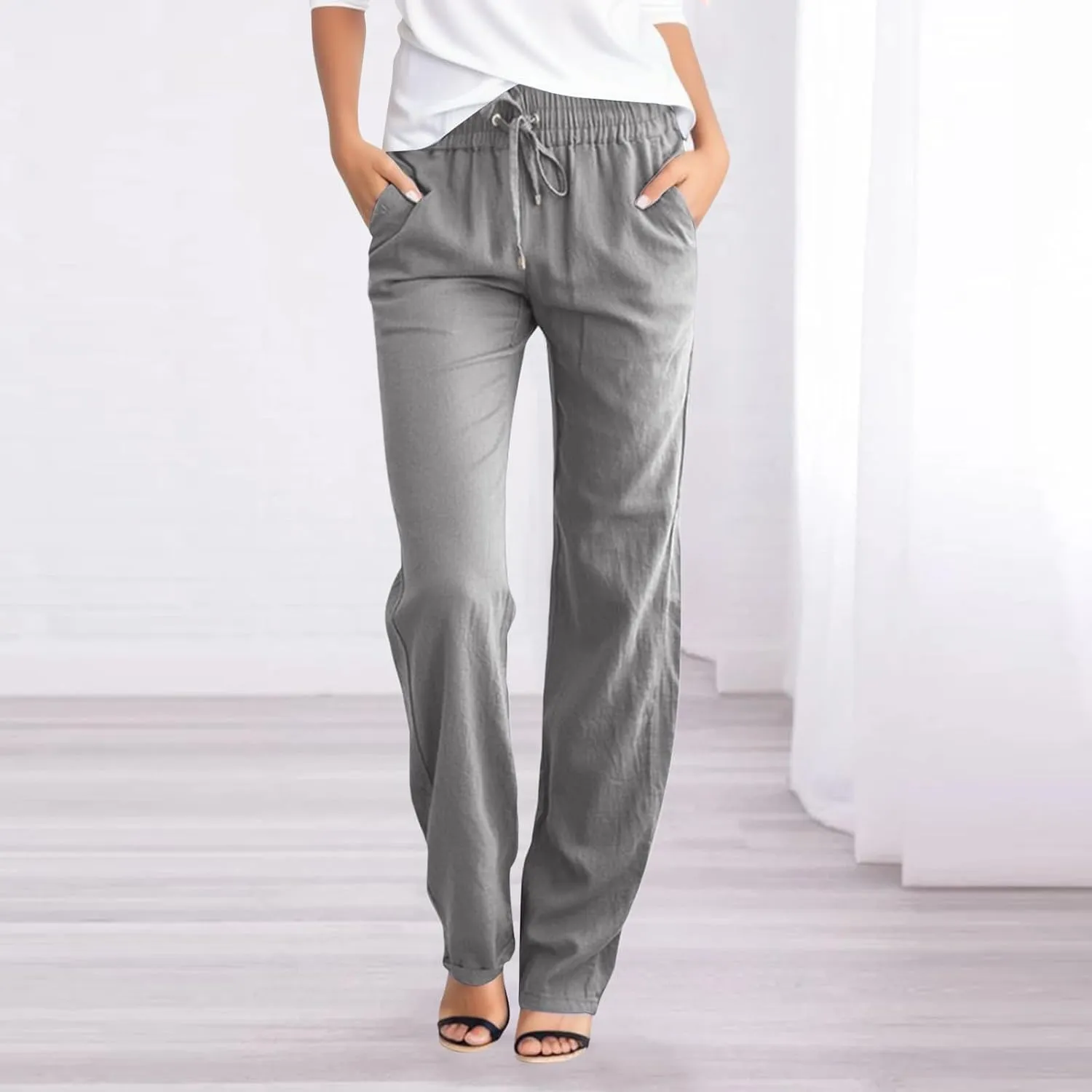 Womens Casual Linen Pants Summer Outfits Boho Drawstring Elastic Waist Trousers Lounge Vacation Clothing