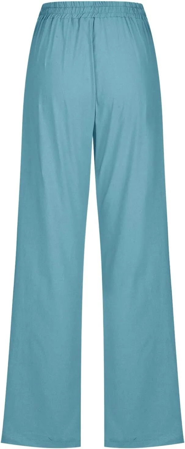 Womens Casual Linen Pants Summer Outfits Boho Drawstring Elastic Waist Trousers Lounge Vacation Clothing