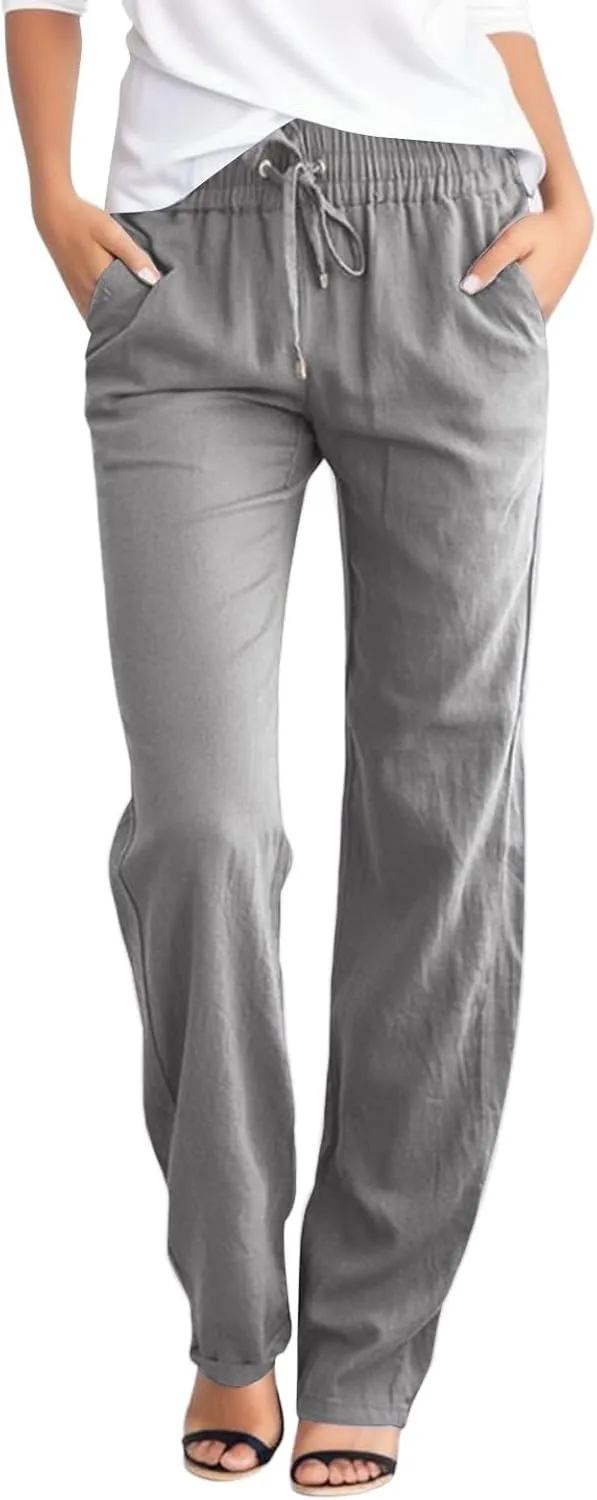 Womens Casual Linen Pants Summer Outfits Boho Drawstring Elastic Waist Trousers Lounge Vacation Clothing