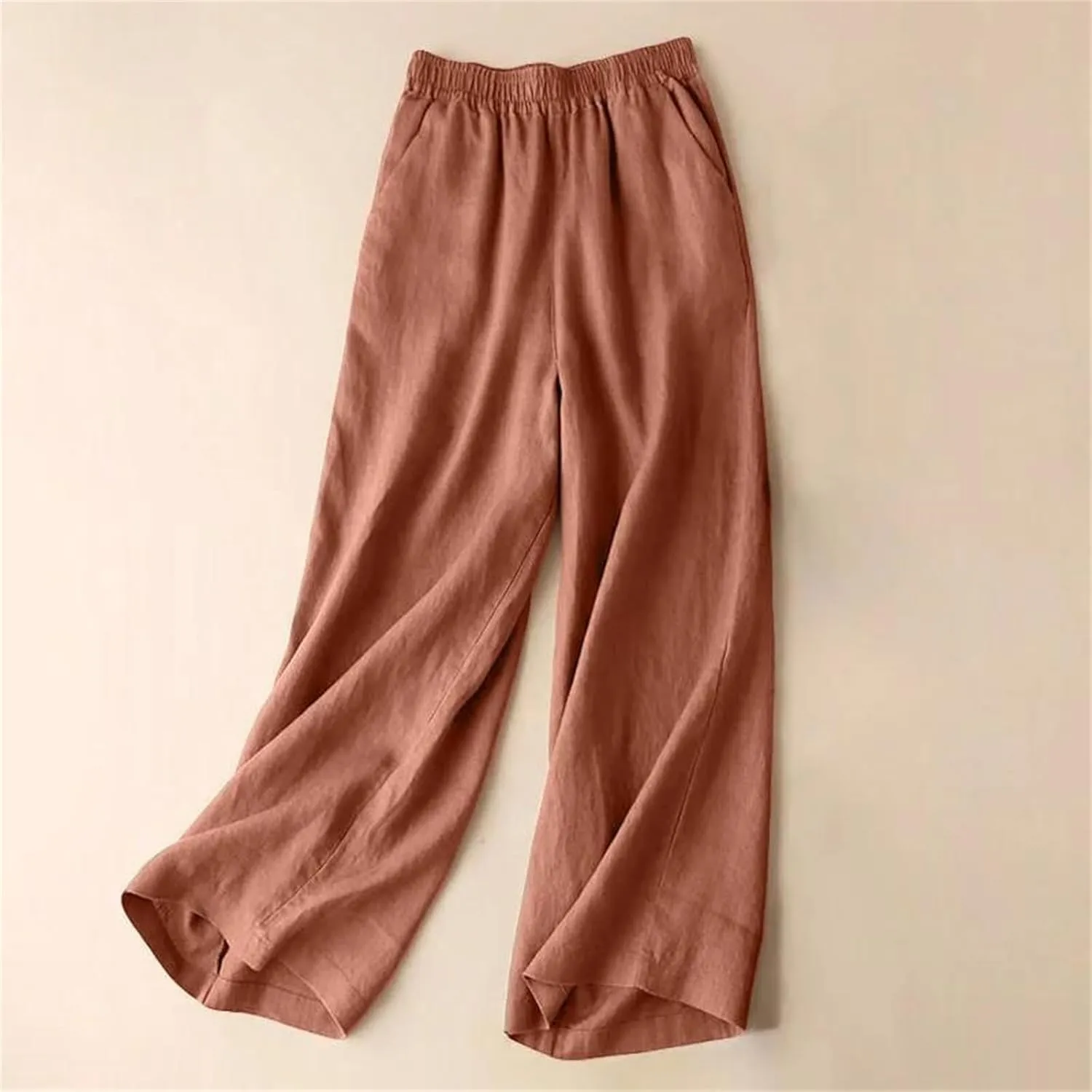 Women's Casual Summer Cotton Linen Wide Leg High Waist Straight Pants in Solid Color Trousers