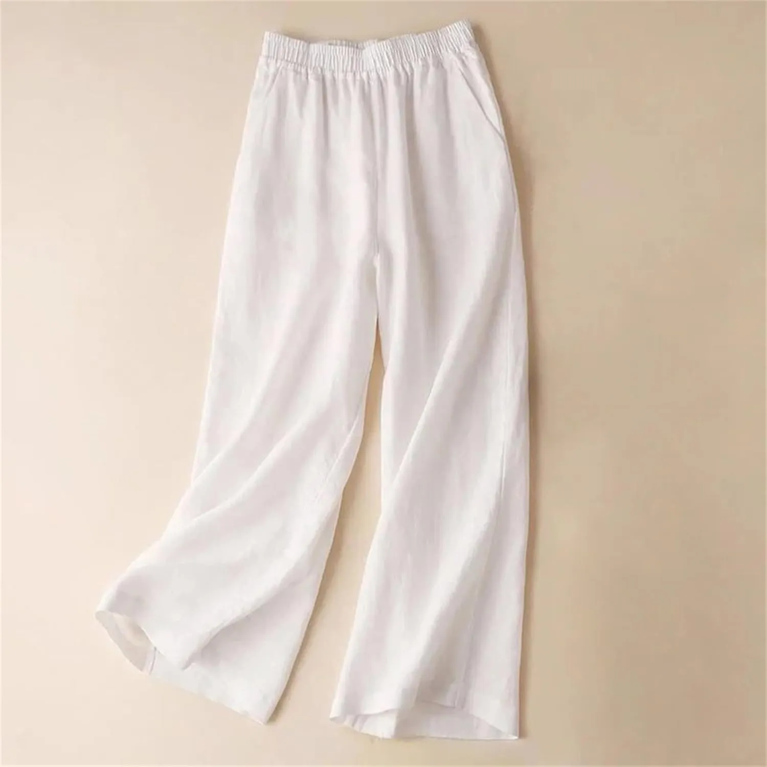 Women's Casual Summer Cotton Linen Wide Leg High Waist Straight Pants in Solid Color Trousers