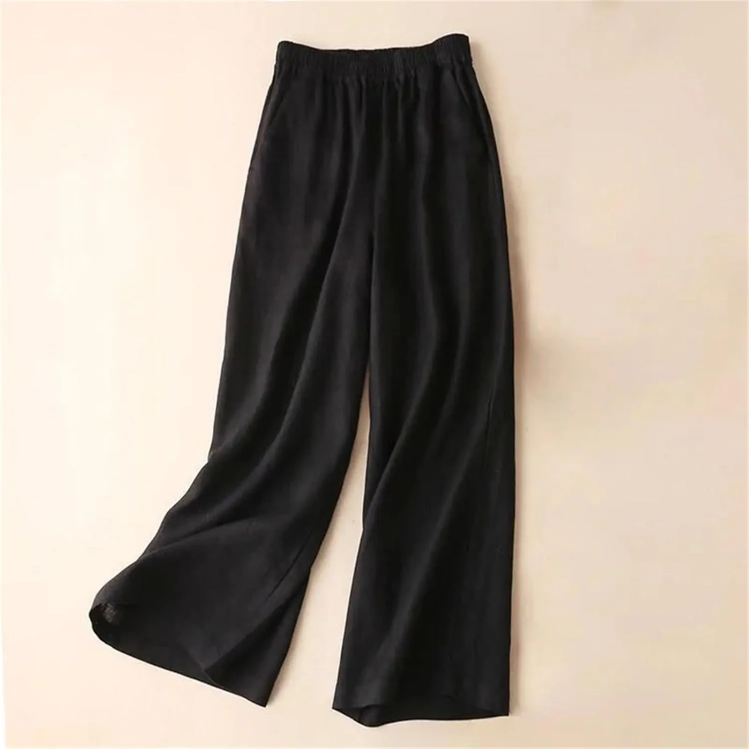 Women's Casual Summer Cotton Linen Wide Leg High Waist Straight Pants in Solid Color Trousers