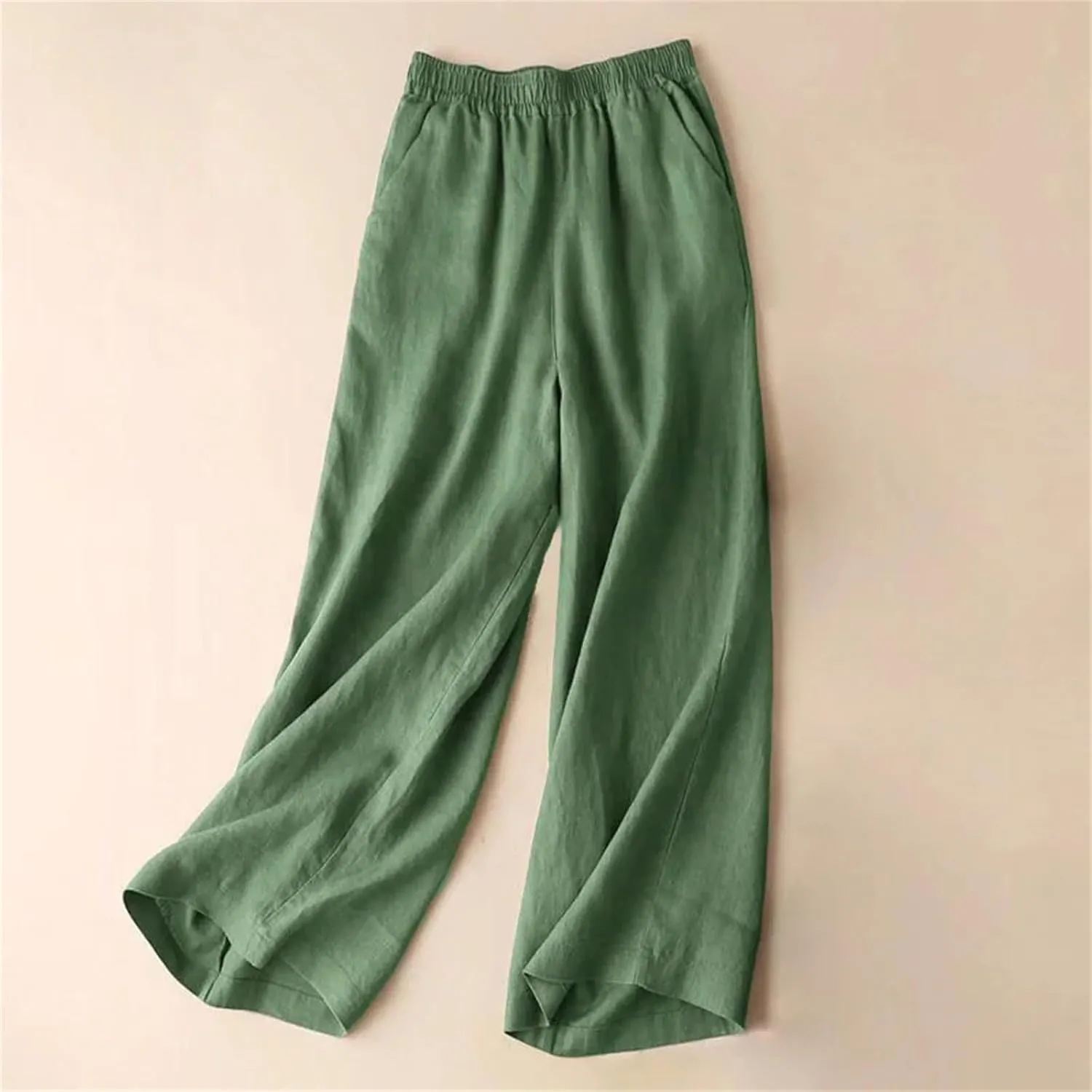 Women's Casual Summer Cotton Linen Wide Leg High Waist Straight Pants in Solid Color Trousers
