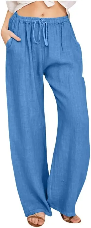 Women's Cotton Linen Pants Summer Drawstring High Waisted Palazzo Pants Casual Wide Leg Yoga Pants with Pockets