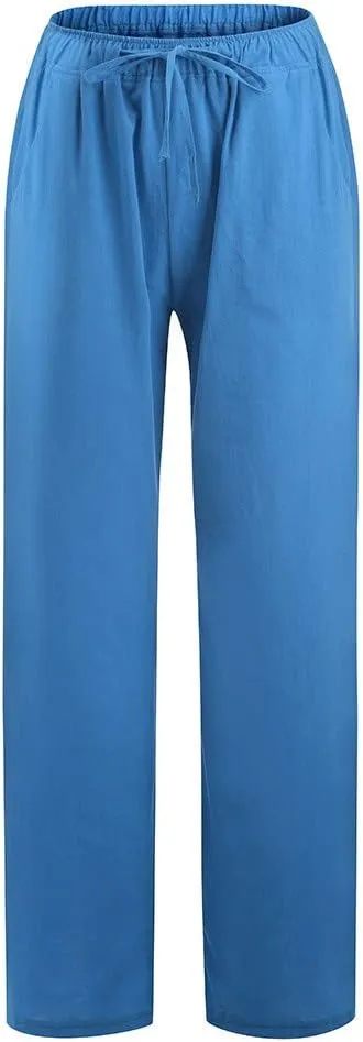 Women's Cotton Linen Pants Summer Drawstring High Waisted Palazzo Pants Casual Wide Leg Yoga Pants with Pockets