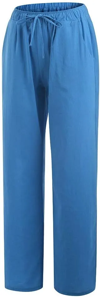 Women's Cotton Linen Pants Summer Drawstring High Waisted Palazzo Pants Casual Wide Leg Yoga Pants with Pockets
