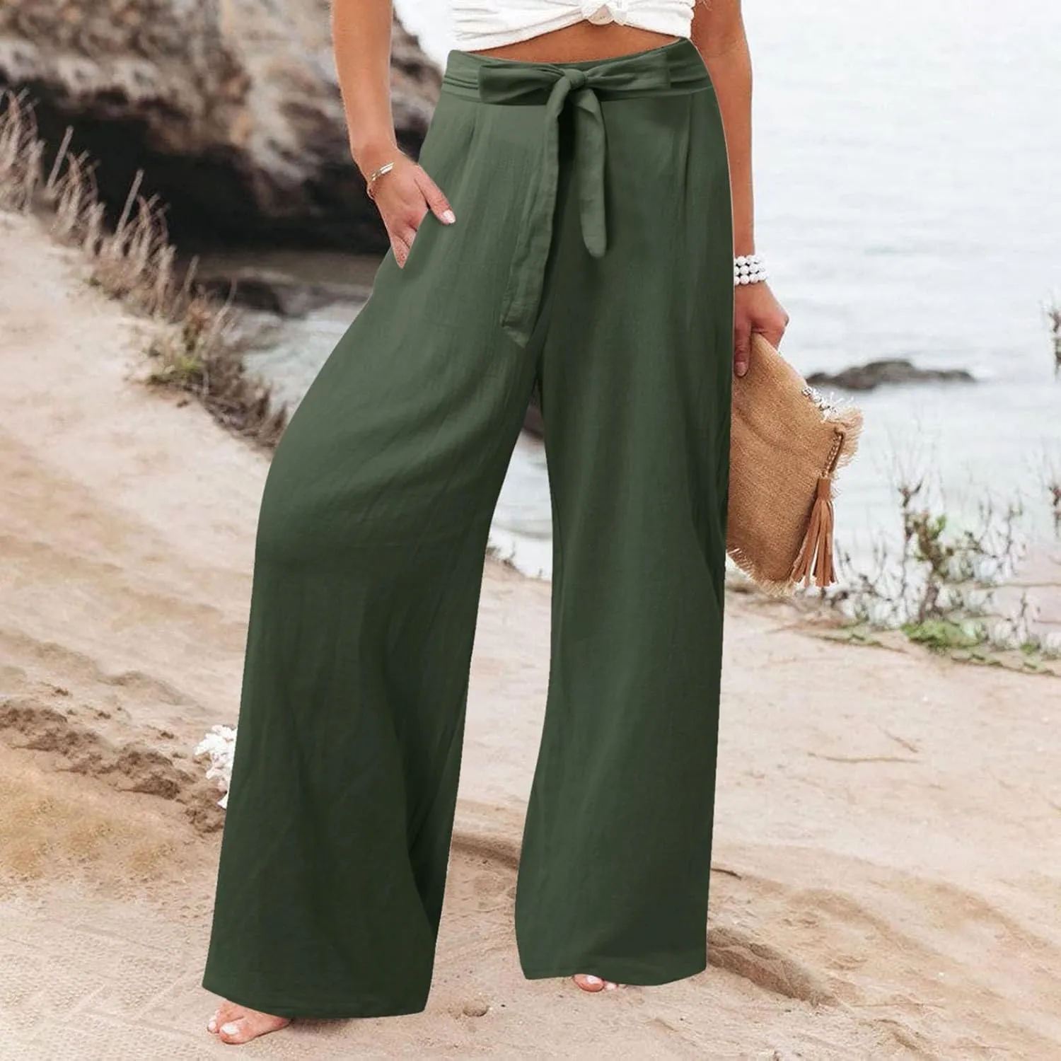 Women's Cotton Linen Summer Casual Loose Palazzo Lounge Pants Elastic Waist Lounge Pants Loose Fit Palazzo