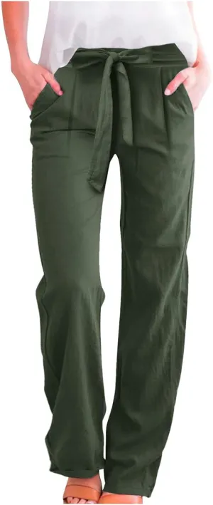 Women's Cotton Linen Summer Casual Loose Palazzo Lounge Pants Elastic Waist Lounge Pants Loose Fit Palazzo