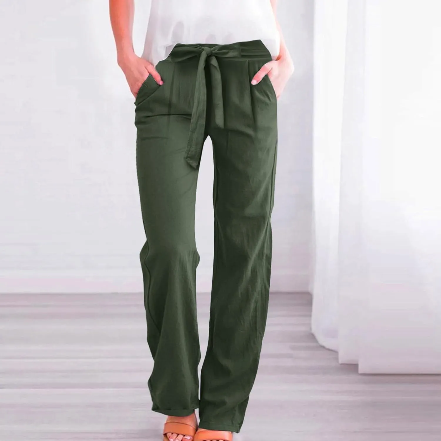 Women's Cotton Linen Summer Casual Loose Palazzo Lounge Pants Elastic Waist Lounge Pants Loose Fit Palazzo