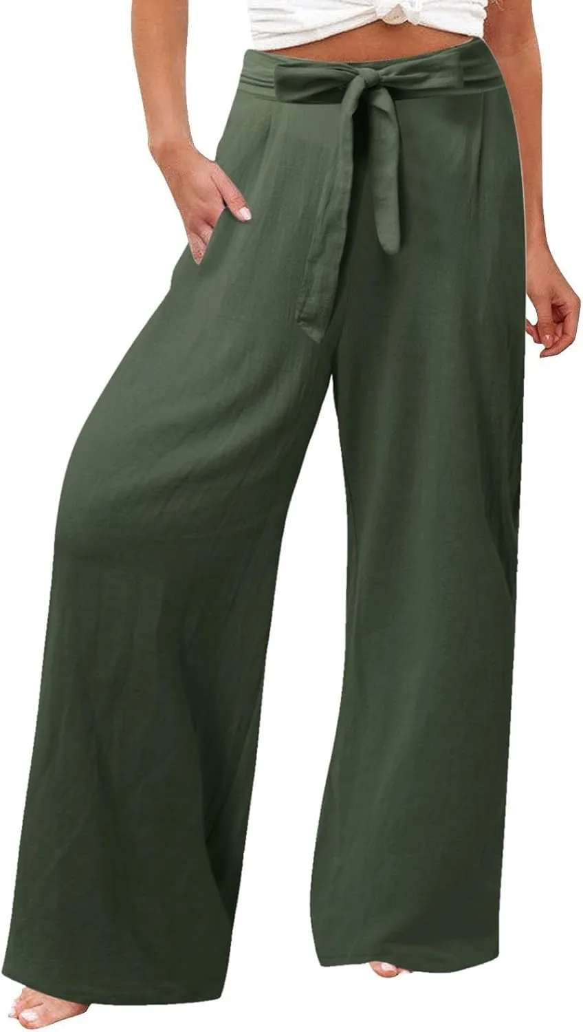 Women's Cotton Linen Summer Casual Loose Palazzo Lounge Pants Elastic Waist Lounge Pants Loose Fit Palazzo