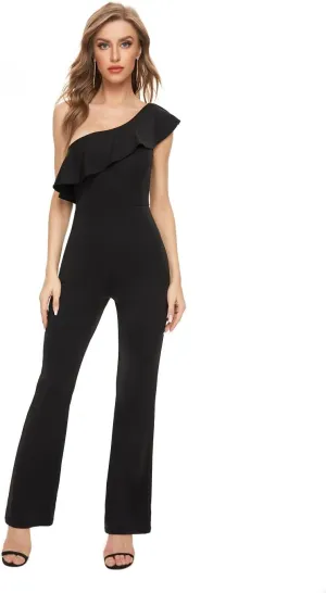 Women's Elegant Casual Sleeveless Ruffle One Shoulder High Waist Long Jumpsuit