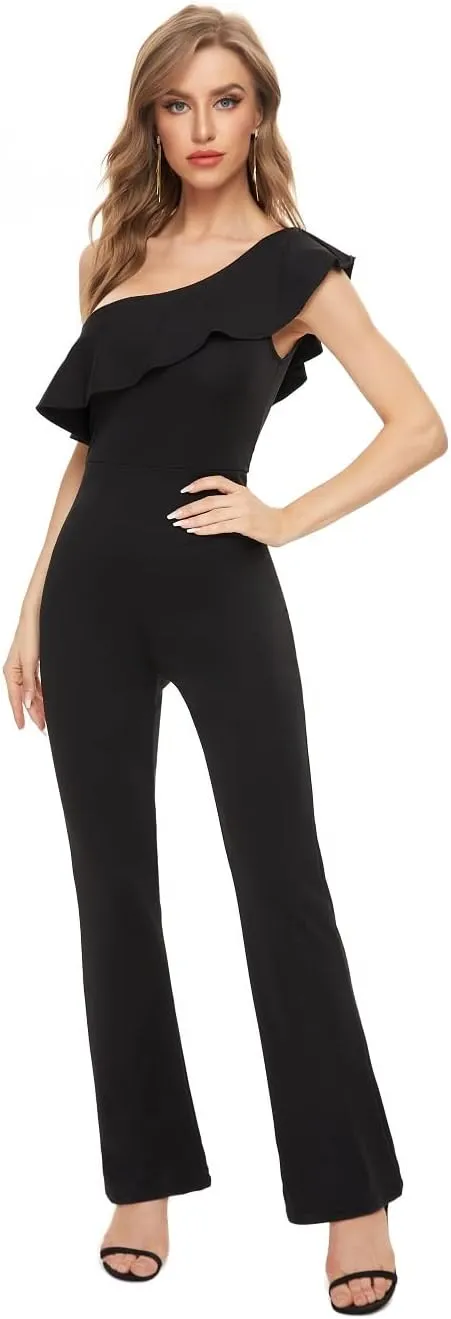 Women's Elegant Casual Sleeveless Ruffle One Shoulder High Waist Long Jumpsuit
