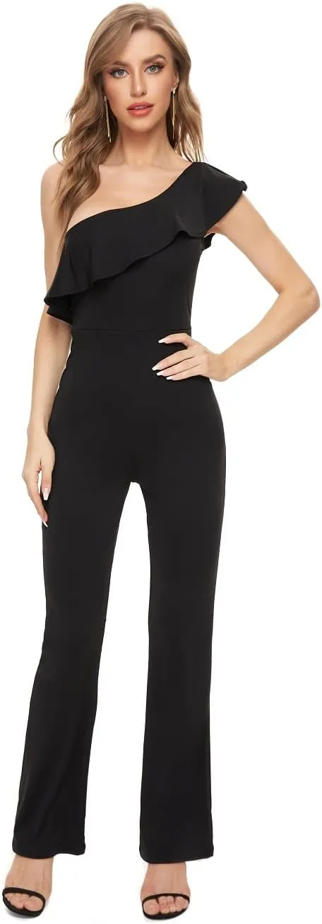 Women's Elegant Casual Sleeveless Ruffle One Shoulder High Waist Long Jumpsuit