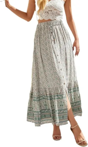 Womens Ethnic Tied Elastic High Waist Casual Floral Print Midi Skirts Pleated Split Swing Casual Summer Skirt