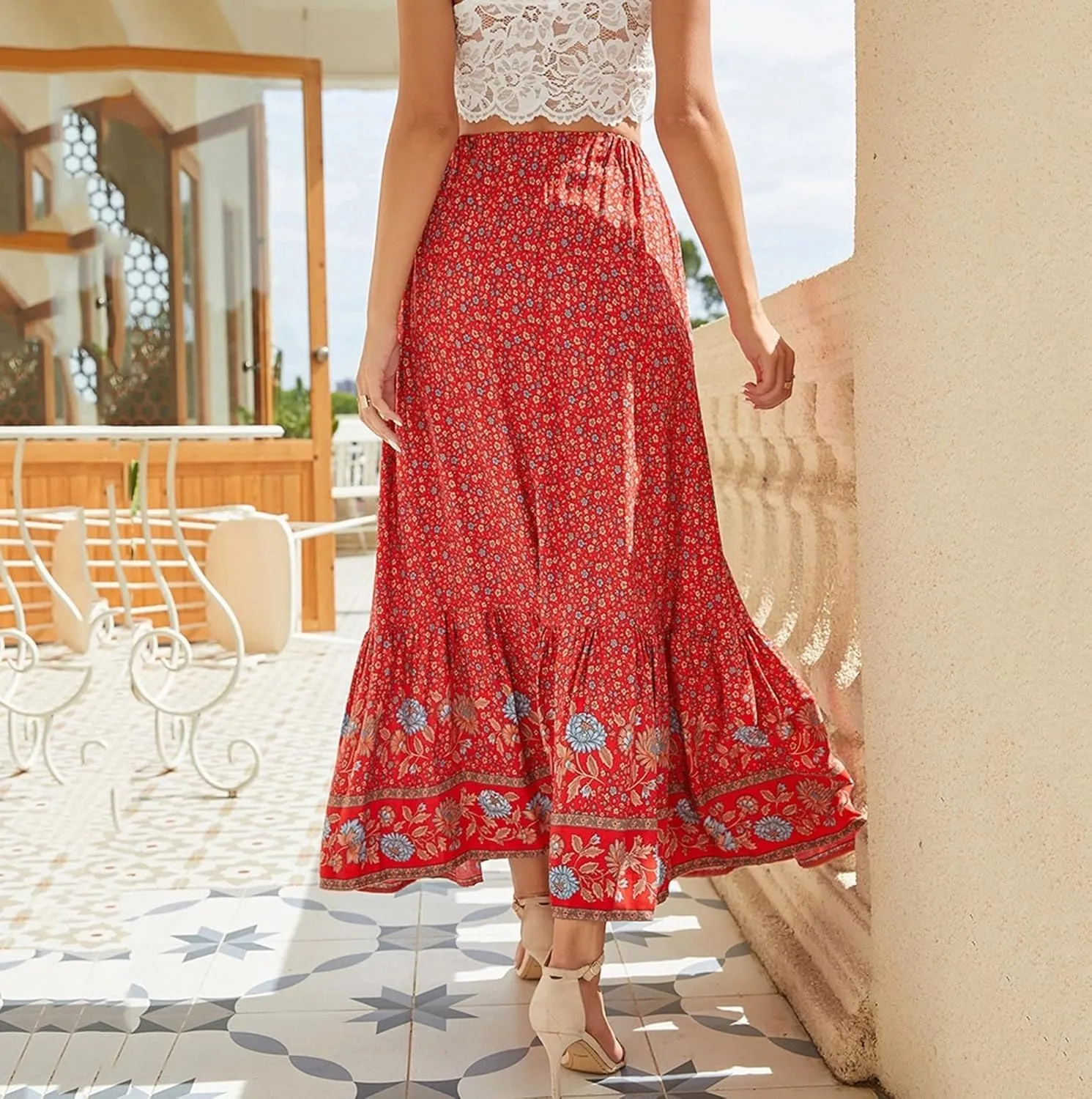 Womens Ethnic Tied Elastic High Waist Casual Floral Print Midi Skirts Pleated Split Swing Casual Summer Skirt