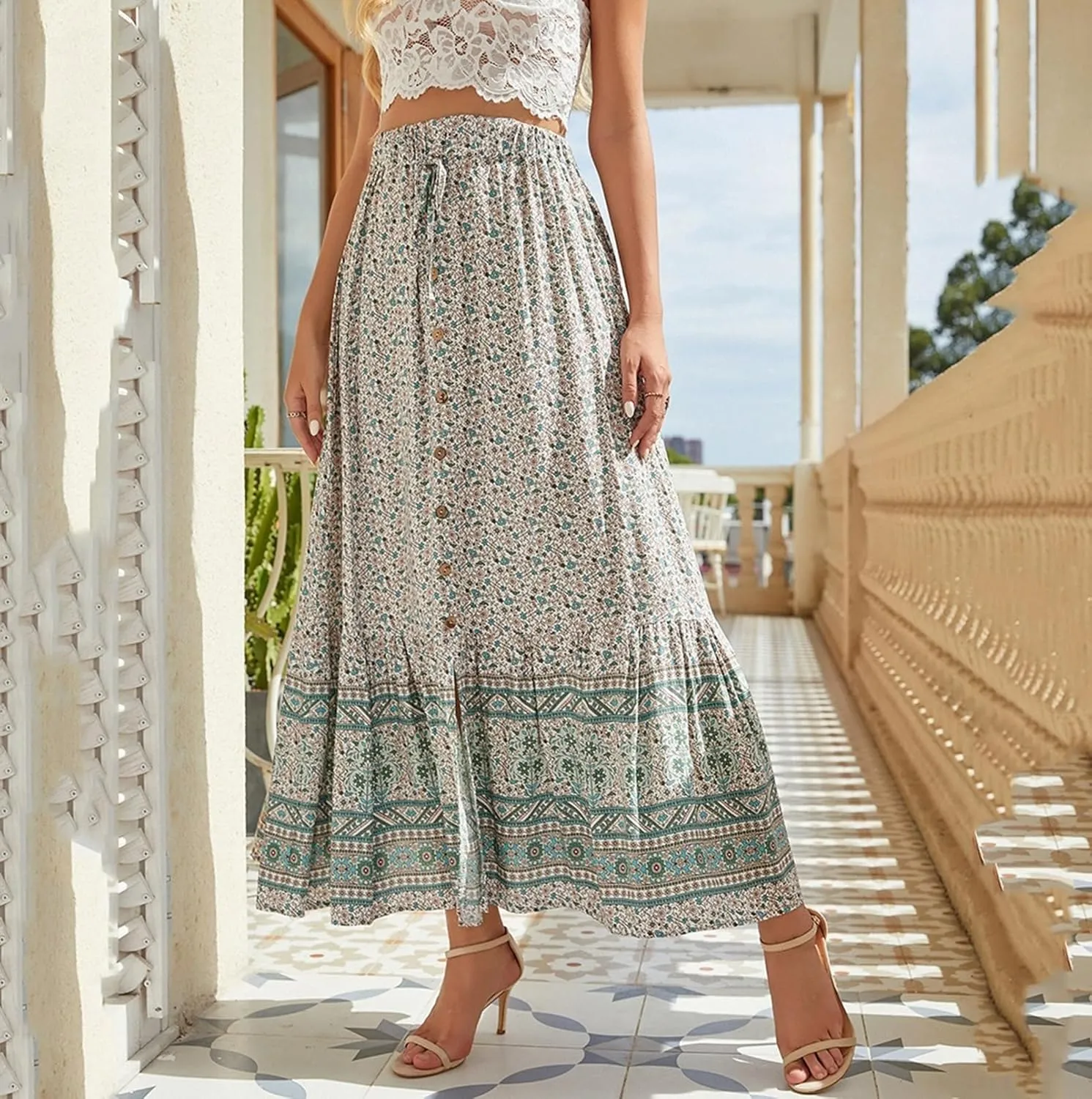 Womens Ethnic Tied Elastic High Waist Casual Floral Print Midi Skirts Pleated Split Swing Casual Summer Skirt