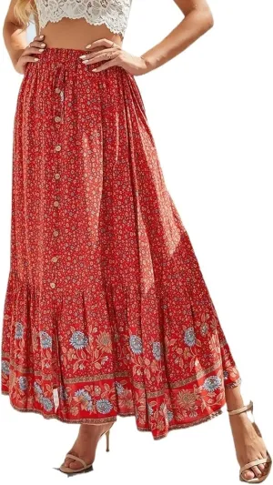 Womens Ethnic Tied Elastic High Waist Casual Floral Print Midi Skirts Pleated Split Swing Casual Summer Skirt