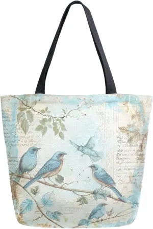 Womens Extra Large Canvas Shoulder Grocery Tote Bag, Retro Style Blue Birds Leaves Branch Durable Daily Handle Bag for Gym Yoga Weekender Picnic Beach Travel Kitchen Reusable Market Shopping