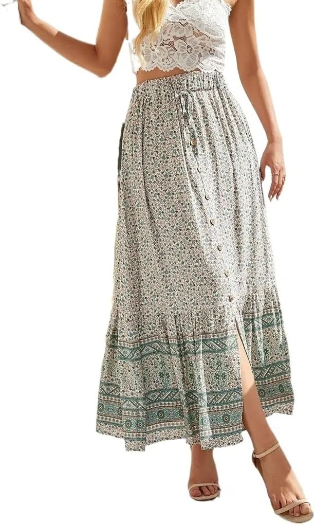 Womens Floral Print Midi Skirts Ethnic Tied Elastic High Waist Casual Pleated Split Swing Casual Summer Skirt