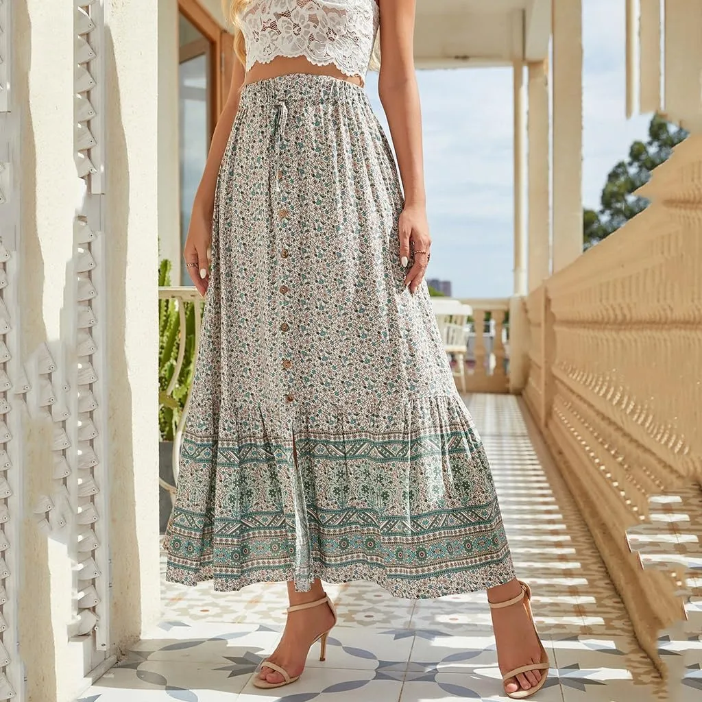 Womens Floral Print Midi Skirts Ethnic Tied Elastic High Waist Casual Pleated Split Swing Casual Summer Skirt