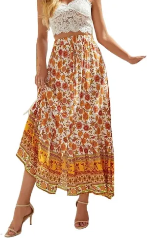 Womens Floral Print Midi Skirts Ethnic Tied Elastic High Waist Casual Pleated Split Swing Casual Summer Skirt