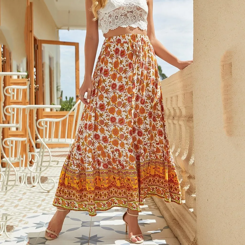 Womens Floral Print Midi Skirts Ethnic Tied Elastic High Waist Casual Pleated Split Swing Casual Summer Skirt