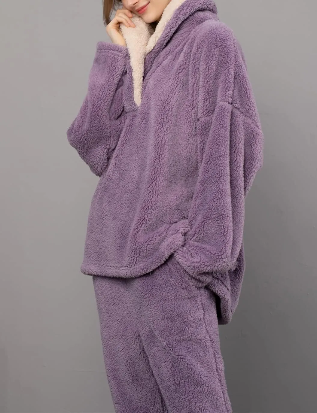 Women's Fluffy Loungewear Sleepwear Lounge Casual Pajamas Sets Loose Long Sleeve Fleece Pullover and Pants Set