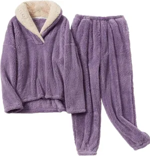 Women's Fluffy Loungewear Sleepwear Lounge Casual Pajamas Sets Loose Long Sleeve Fleece Pullover and Pants Set
