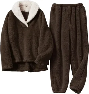 Women's Fluffy Loungewear Sleepwear Lounge Casual Pajamas Sets Loose Long Sleeve Fleece Pullover and Pants Set