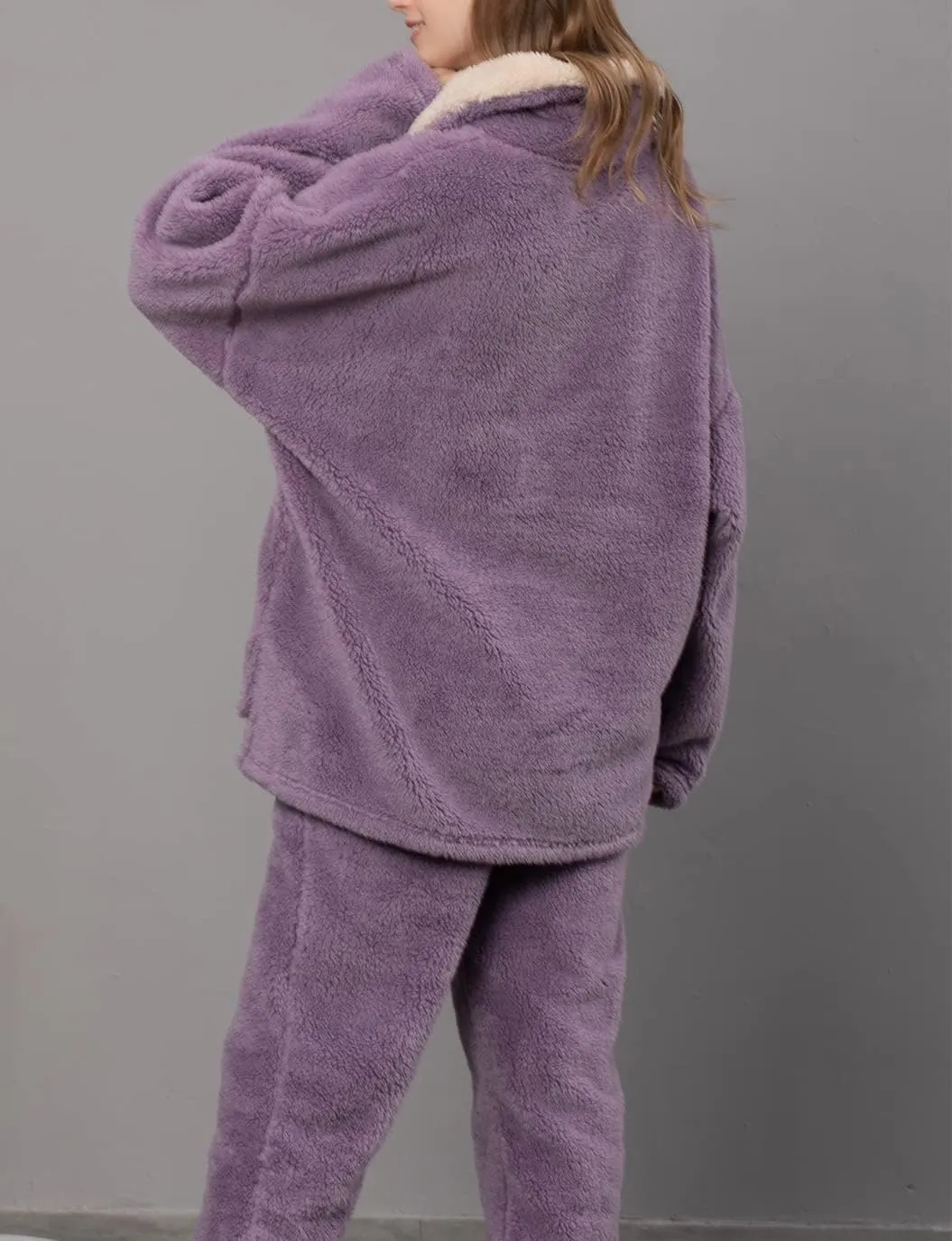 Women's Fluffy Loungewear Sleepwear Lounge Casual Pajamas Sets Loose Long Sleeve Fleece Pullover and Pants Set