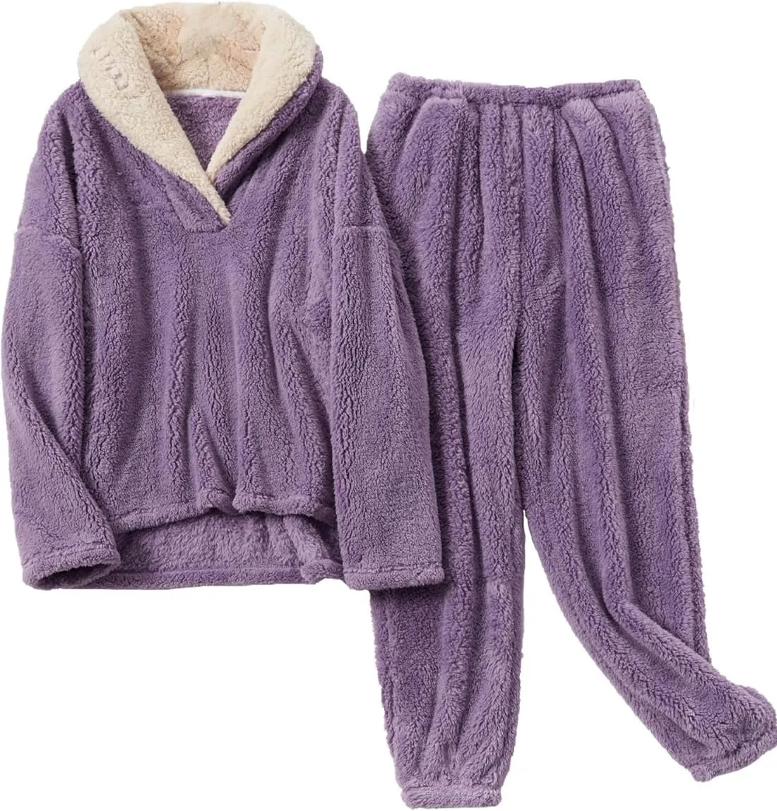 Women's Fluffy Loungewear Sleepwear Lounge Casual Pajamas Sets Loose Long Sleeve Fleece Pullover and Pants Set