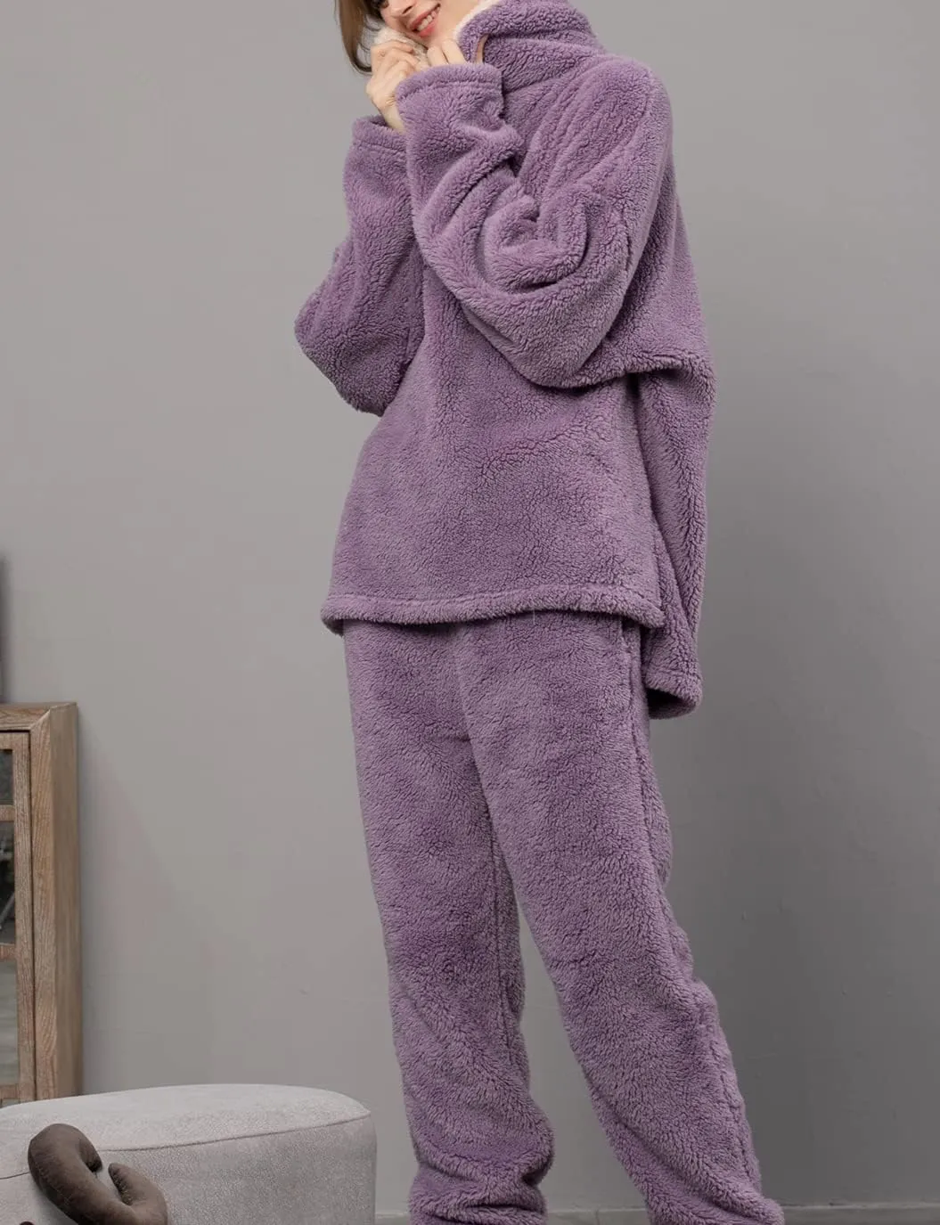 Women's Fluffy Loungewear Sleepwear Lounge Casual Pajamas Sets Loose Long Sleeve Fleece Pullover and Pants Set